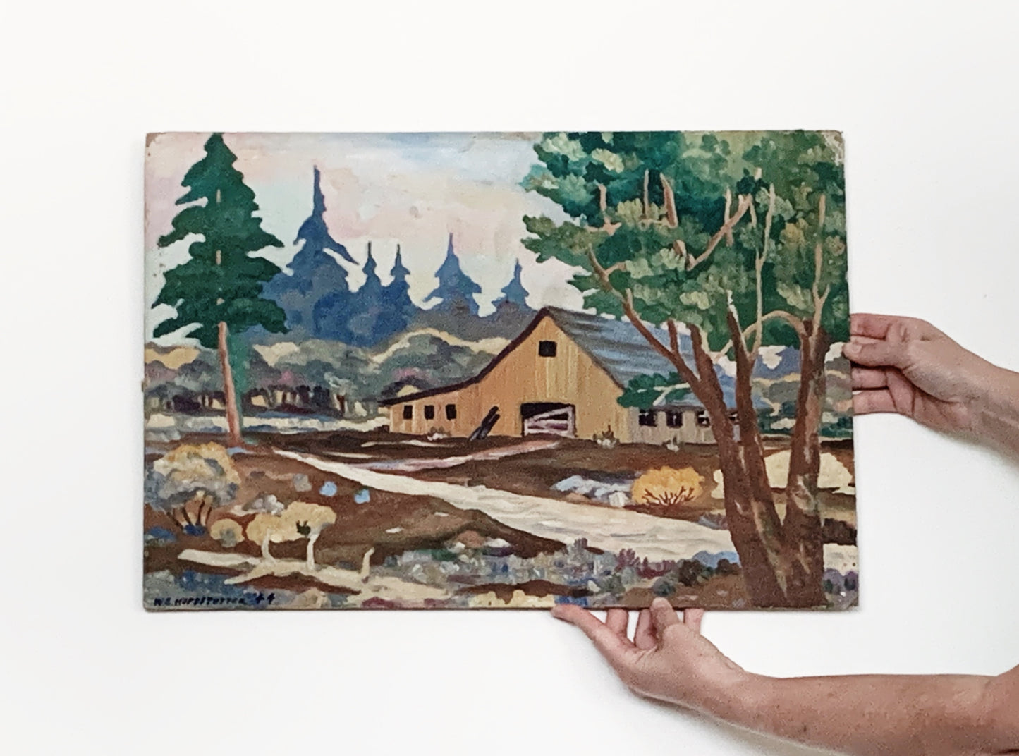 Vintage Barn Landscape Oil Painting