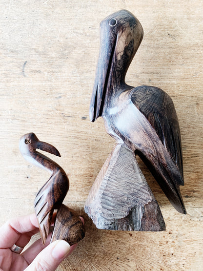 Mid Century Carved Wood Pelican Pair