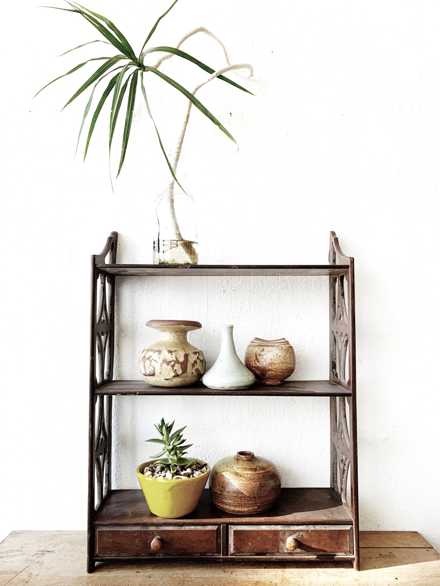 Antique Wood Shelf with Drawers