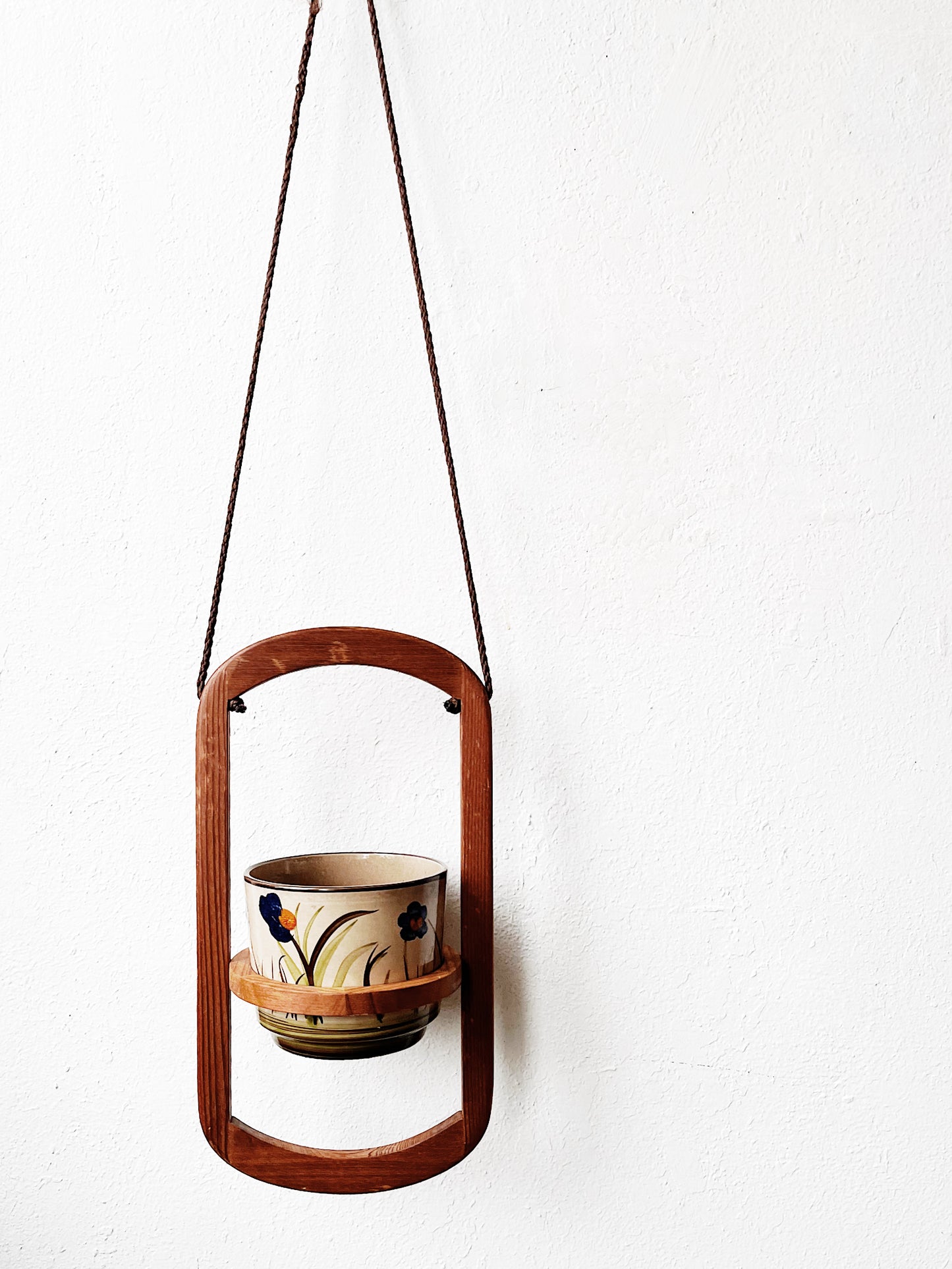 Vintage Mid Century Teak Plant Hanger with Pot