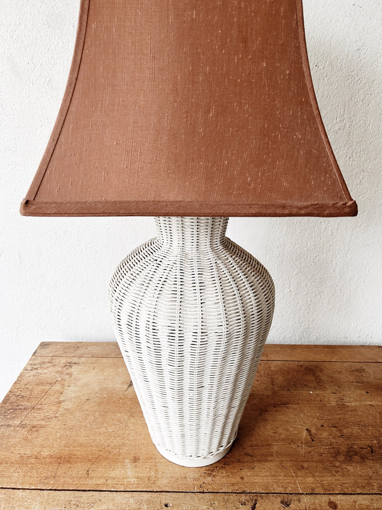 Tall Vintage Wicker Lamp with Silk Shade