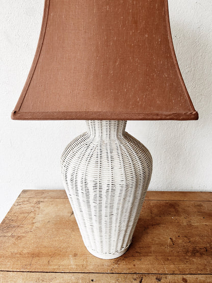Tall Vintage Wicker Lamp with Silk Shade