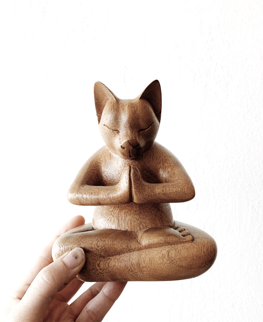 Carved Wood Meditating Kitty