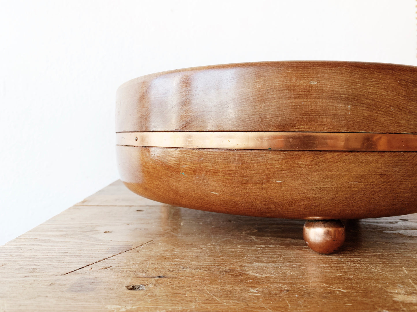 Vintage Wood Bowl with Copper Feet and Inlay