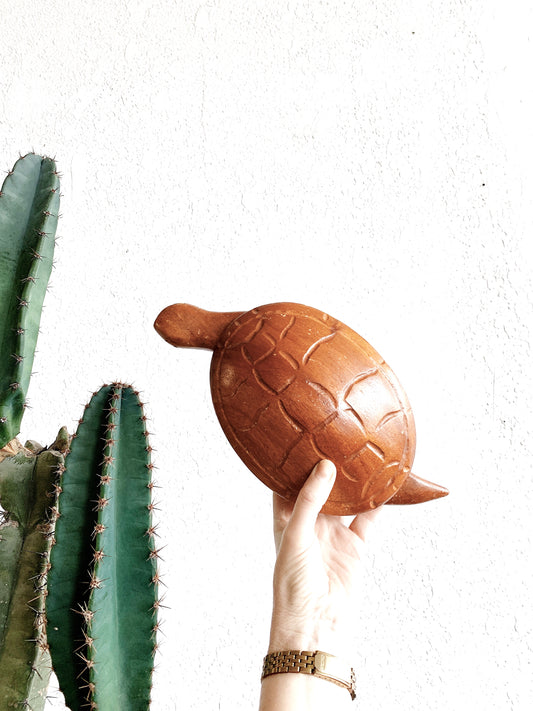 Vintage Carved Wood Turtle Stash Box