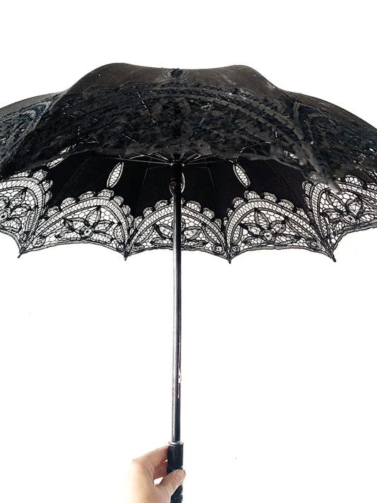 Vintage Black Cotton with Lacey Appliqué Parasol