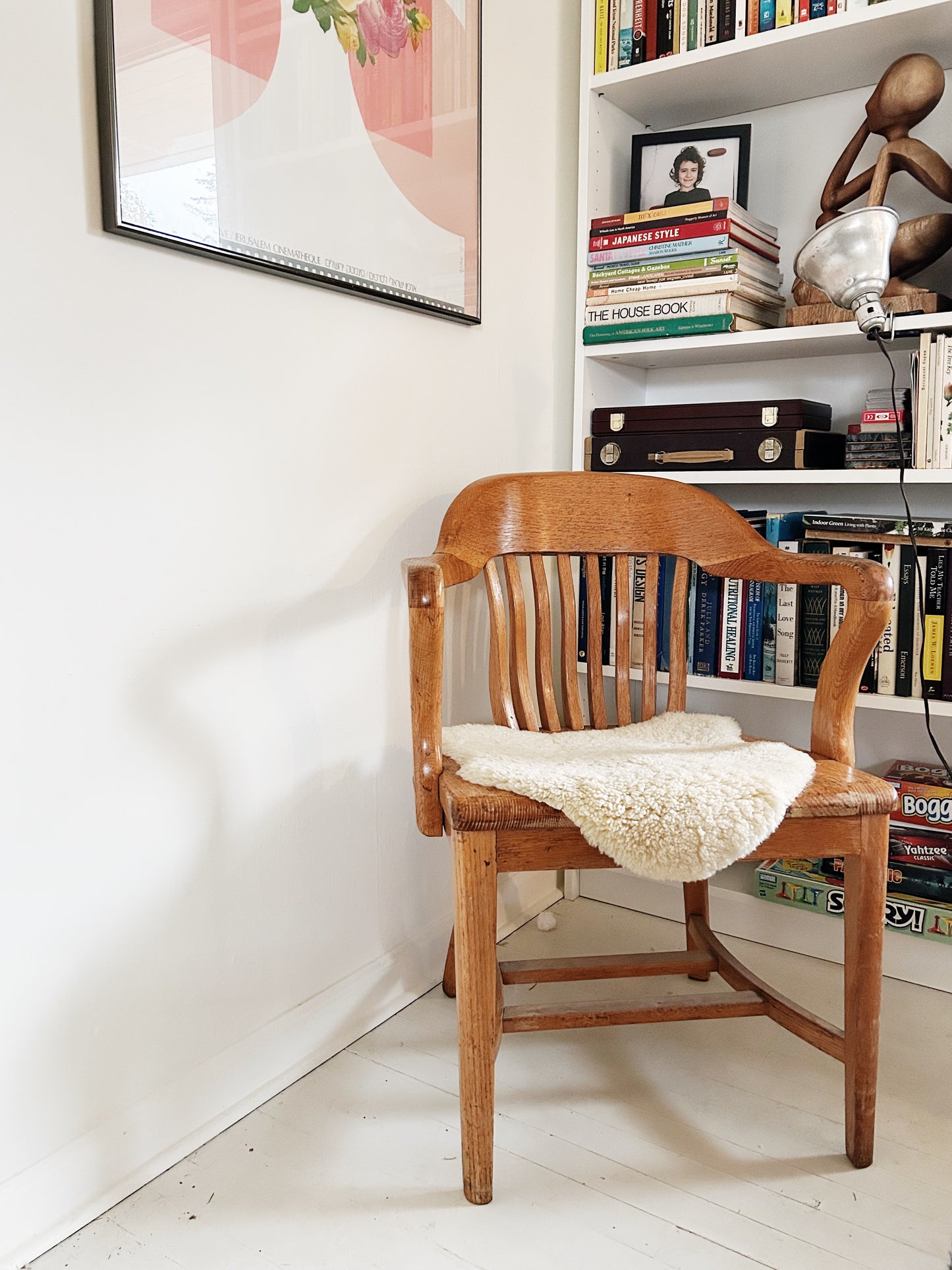 Antique Oak Library Chair with Sheepskin