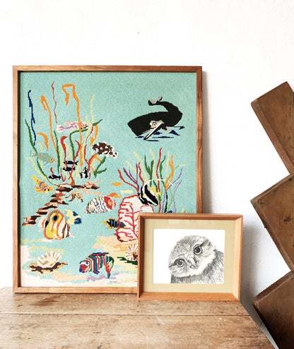 Vintage Framed Charcoal Owl Sketch