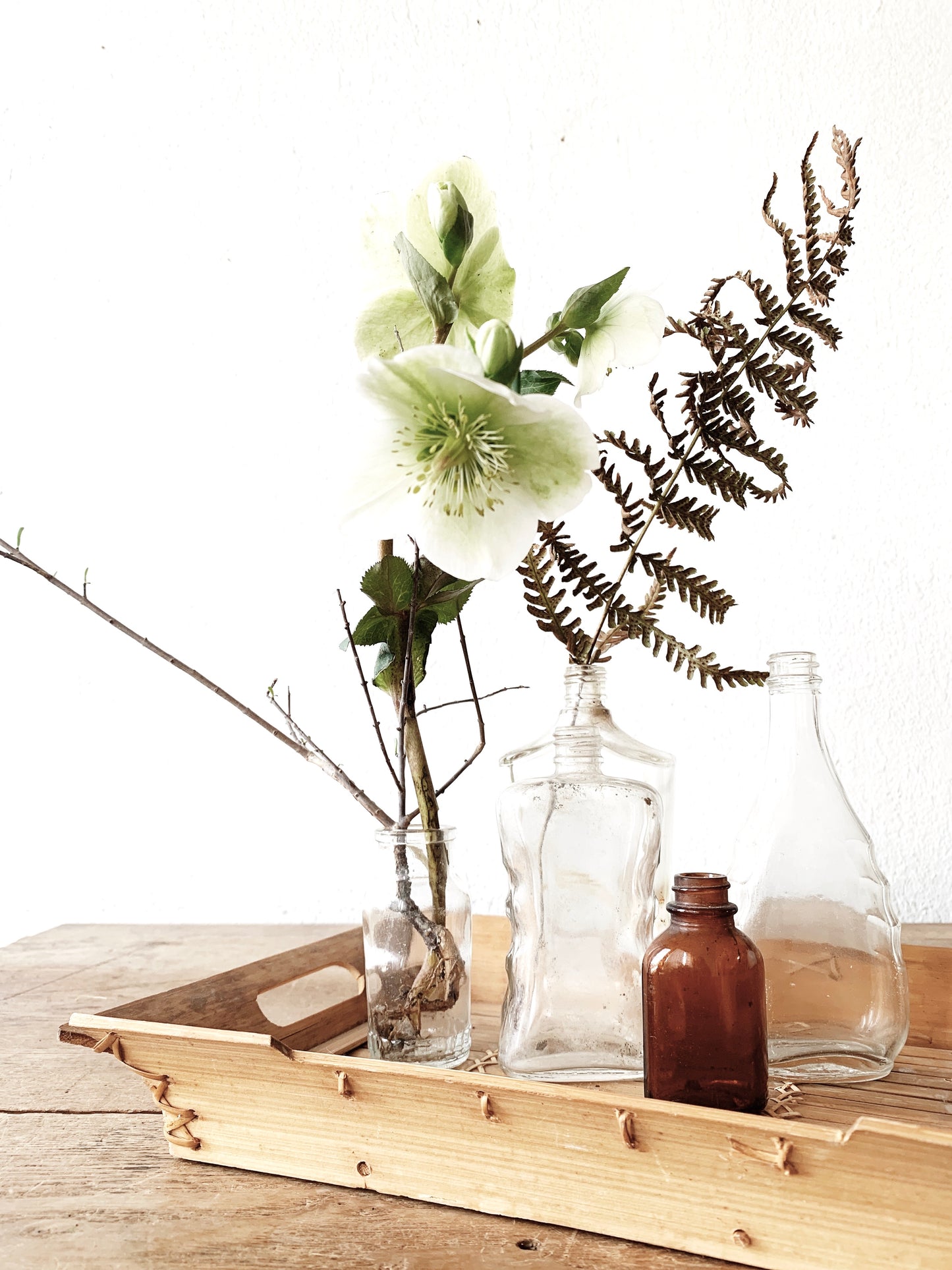 Vintage Glass Bottle Collection with Bamboo Tray