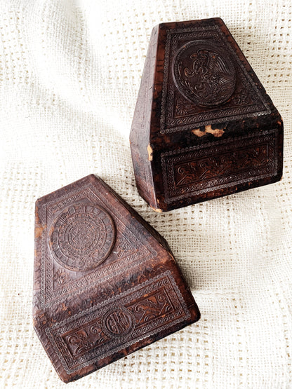 Antique Wood with Tooled Leather Overlay Bookends