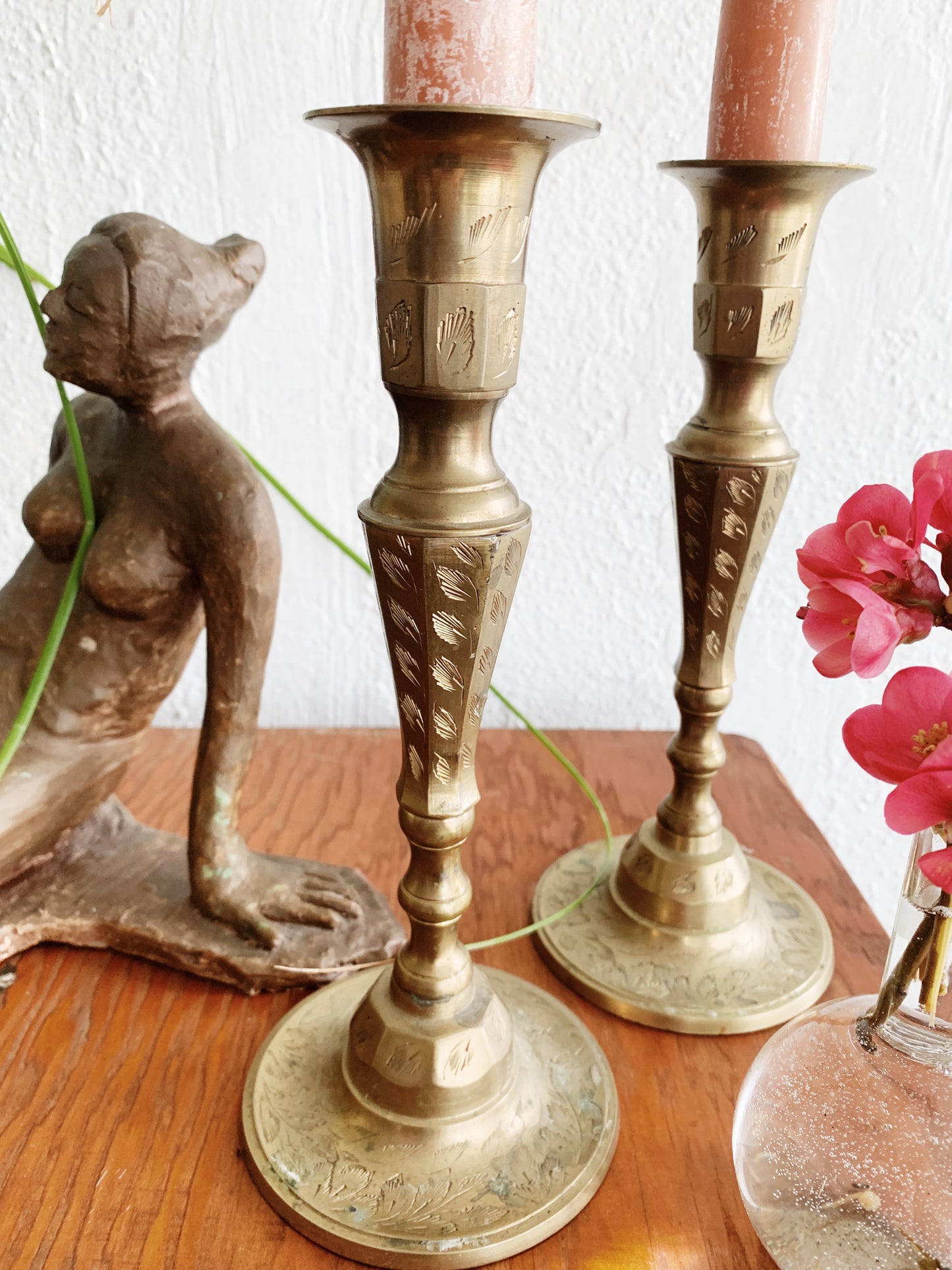 Vintage Incised Brass Candle Holders with Soy Tapers
