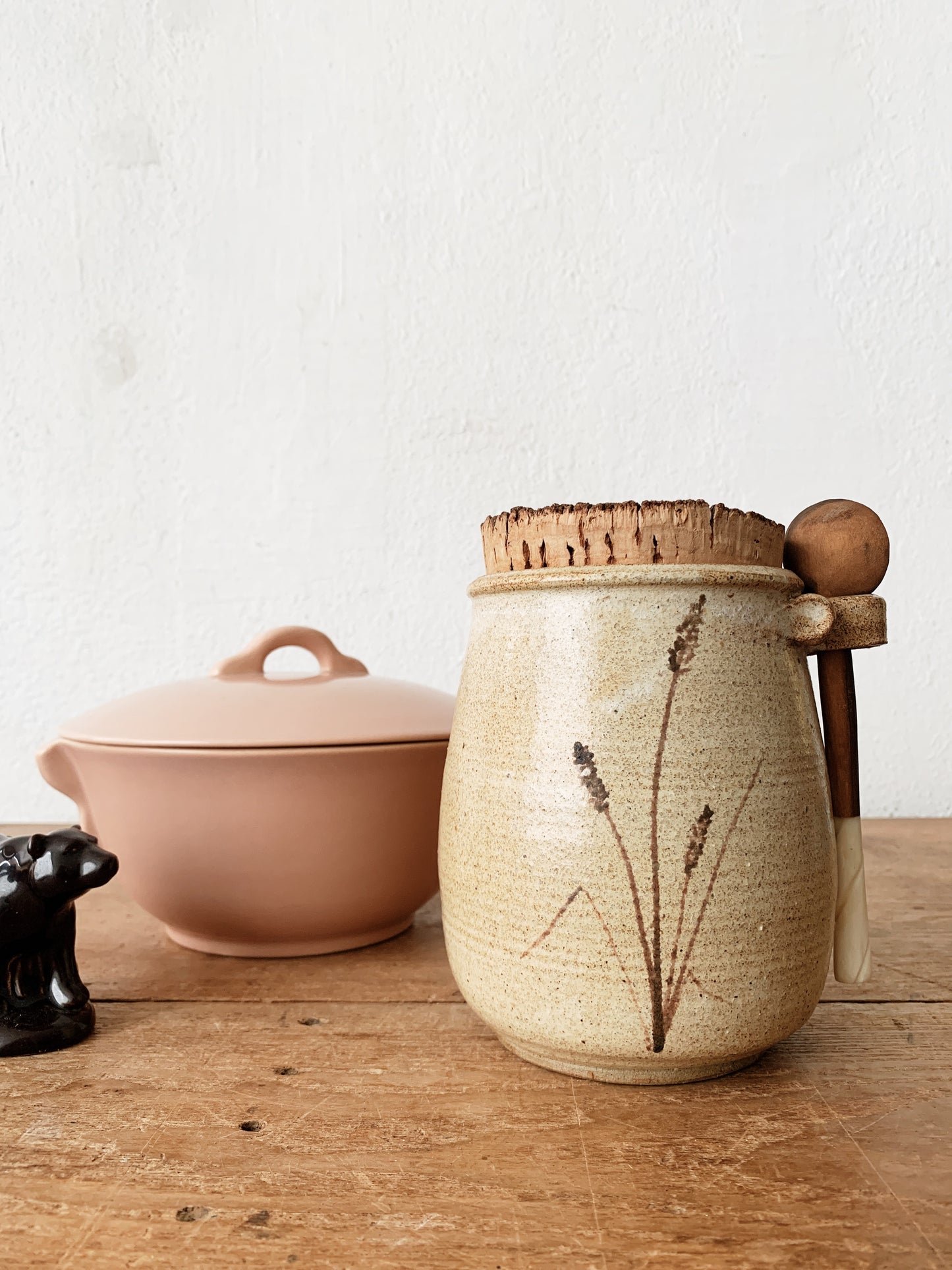 Vintage Stoneware Crock with Wood Spoon