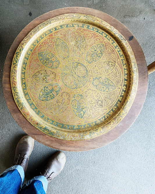 Vintage Handmade Table With Incised Brass Tray
