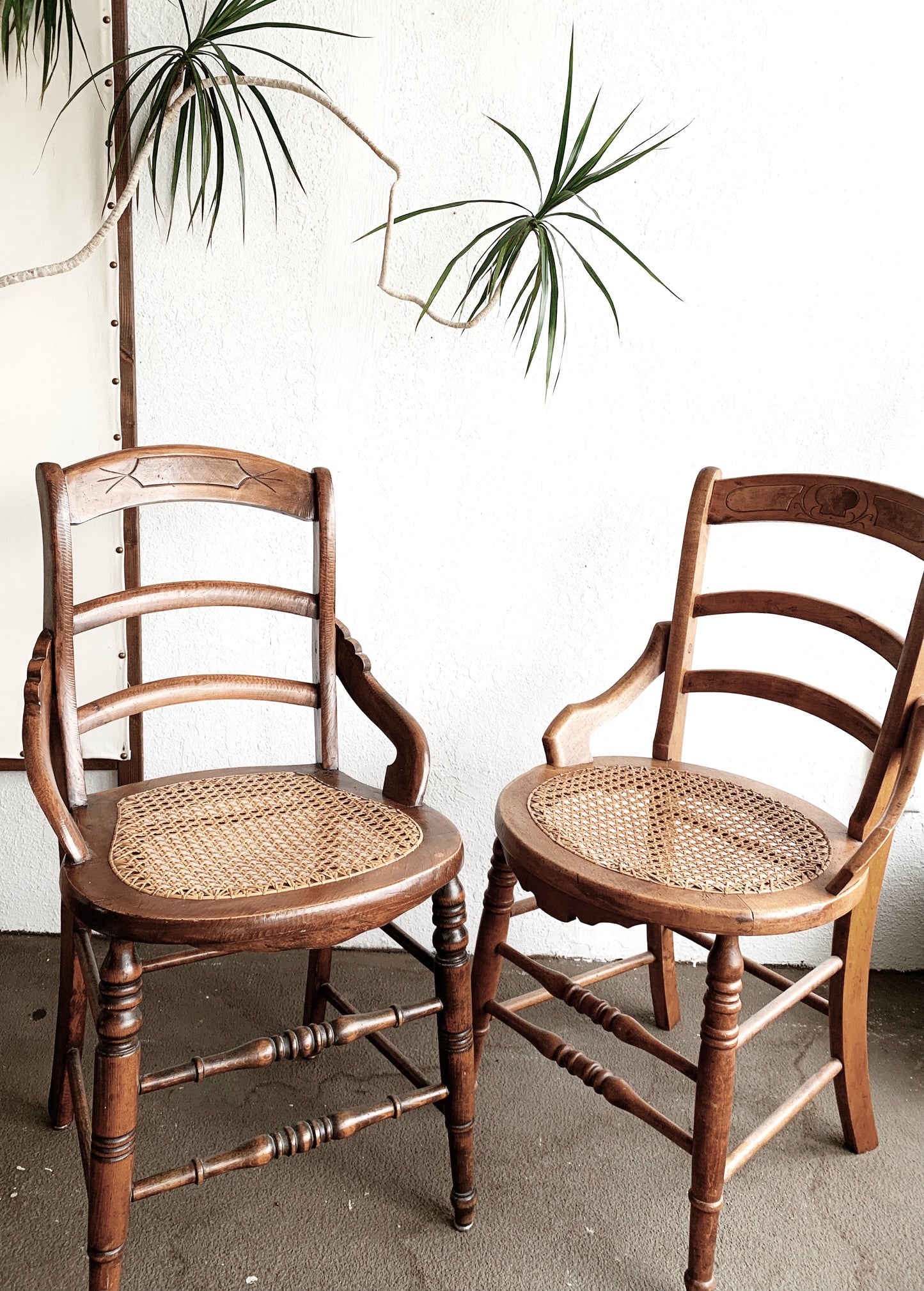 Antique Wood Caned Seat Chair Pair