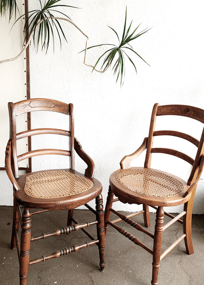 Antique Wood Caned Seat Chair Pair