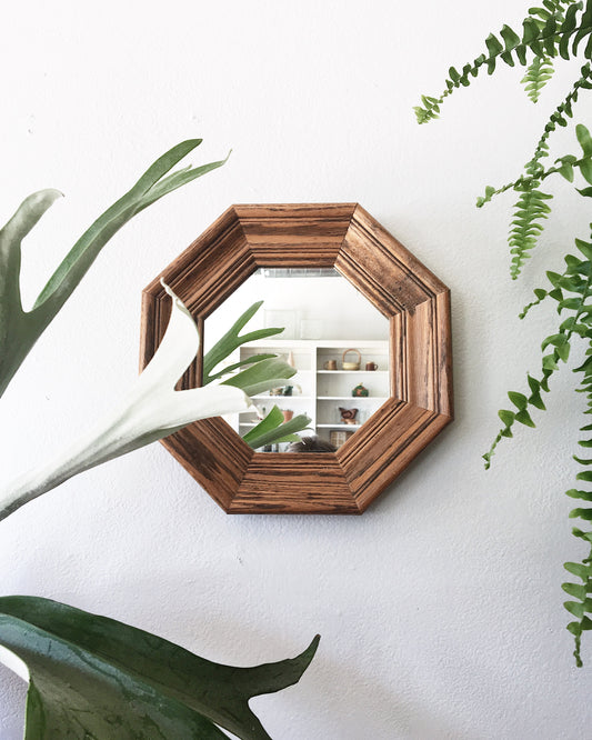 Vintage Oak Hex Mirror