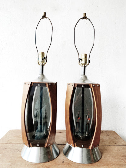 Mid Century Walnut & Smoky Lucite Lamp