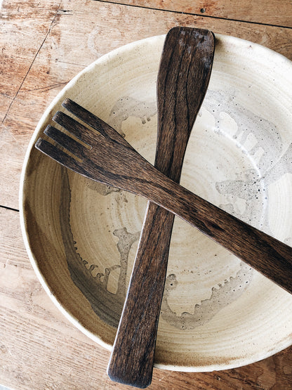 Giant Handmade Ceramic Bowl and Wood Servers