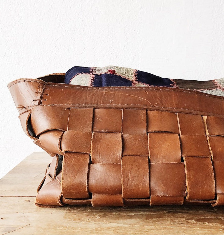 XL Vintage Woven Leather Basket