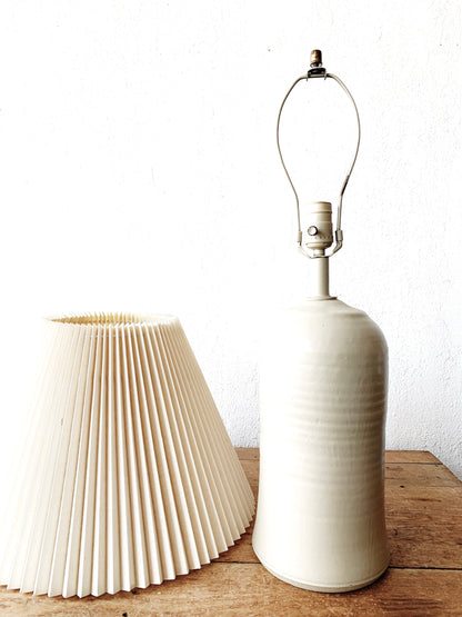 Vintage Taupe Pottery Lamp with Cream Pleated Shade
