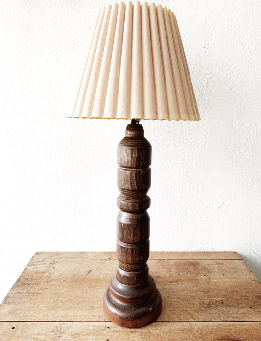 Tall Vintage Turned Wood Lamp with Pleated Shade