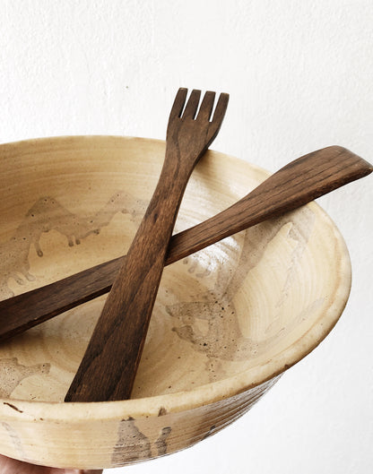 Giant Handmade Ceramic Bowl and Wood Servers