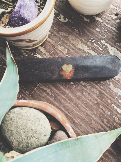 Long Wood Box With Brass Heart Inlay