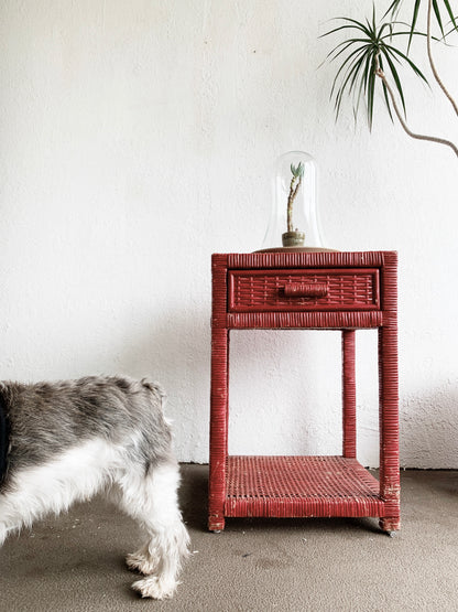 Vintage Wood Framed Wicker Side Table/Nightstand