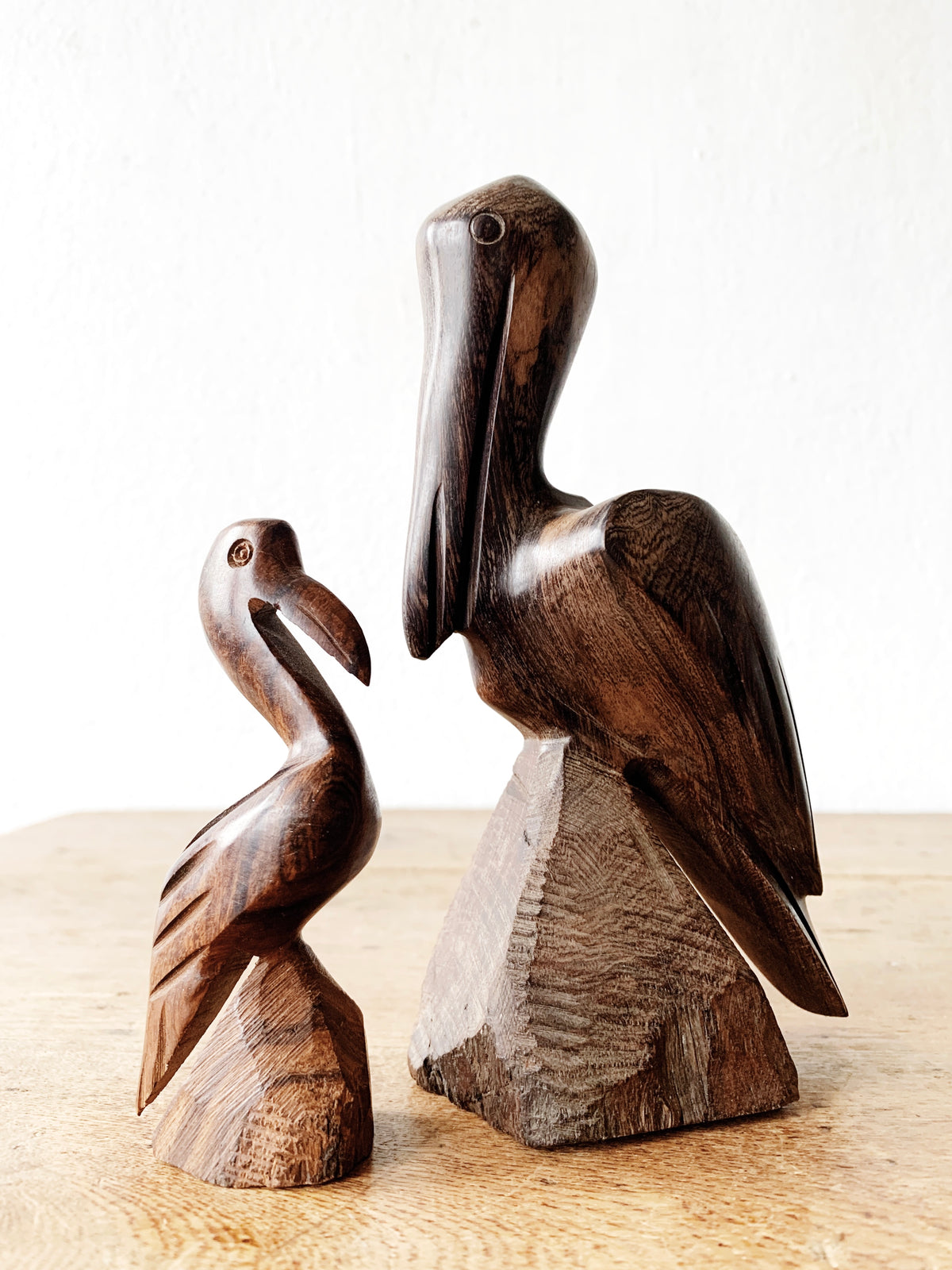 Mid Century Carved Wood Pelican Pair