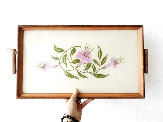 Large Vintage Glass with Wood Handled Tray