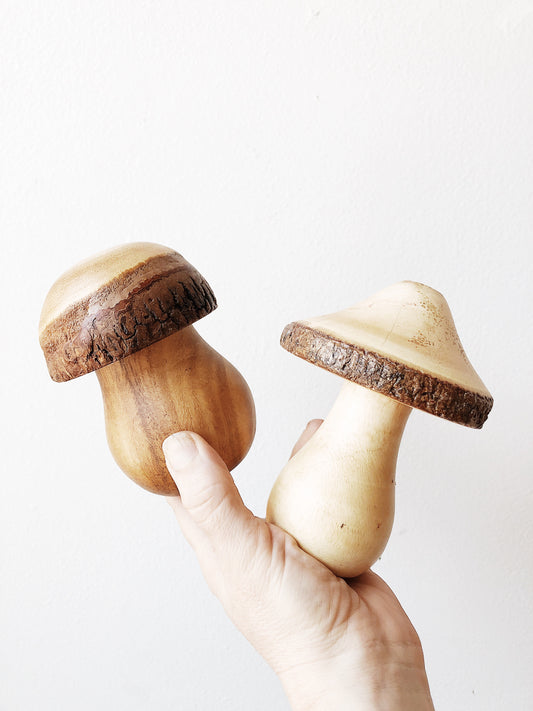 Vintage Pair Handmade Wood Mushrooms
