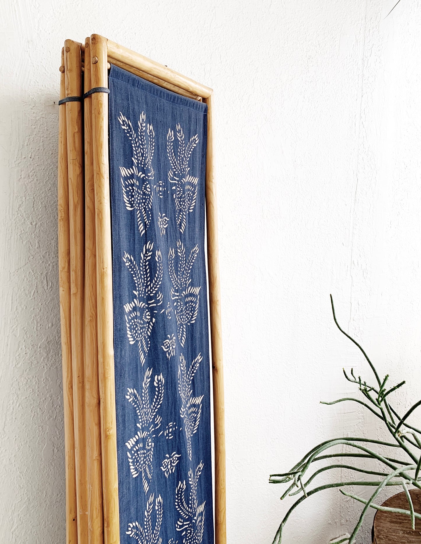 Vintage Bamboo Room Divider with Block Print Indigo Panels