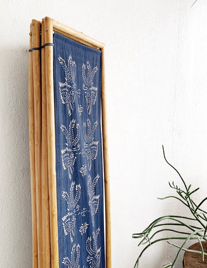 Vintage Bamboo Room Divider with Block Print Indigo Panels