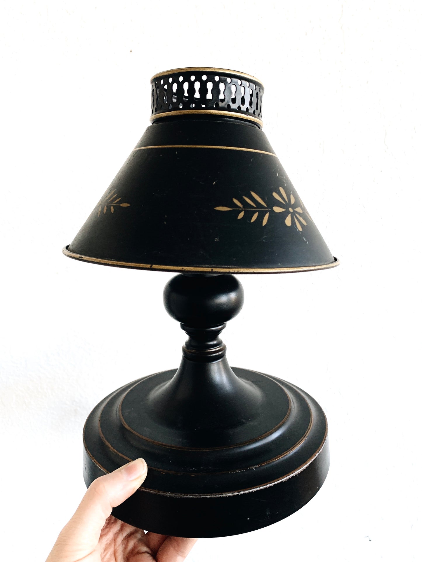 Vintage Tole Black Metal Lamp with Painted Shade