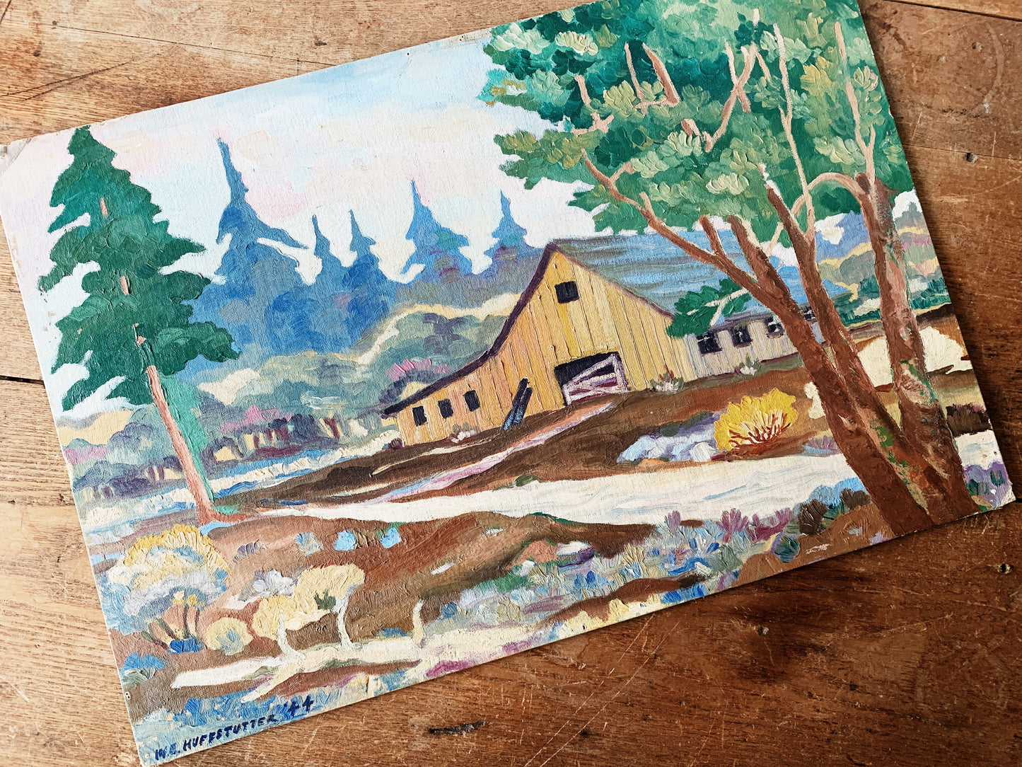 Vintage Barn Landscape Oil Painting