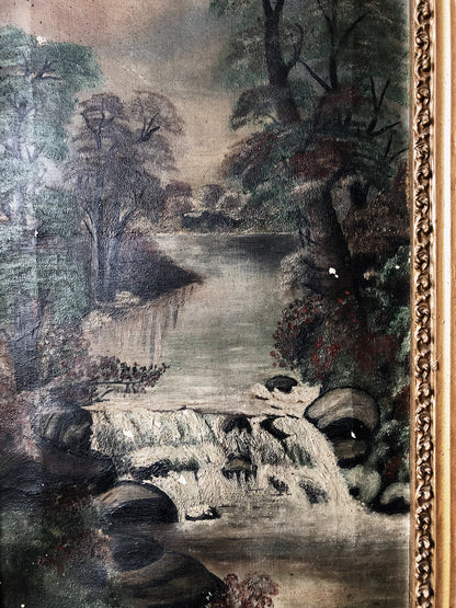 Antique Waterfall Oil Painting
