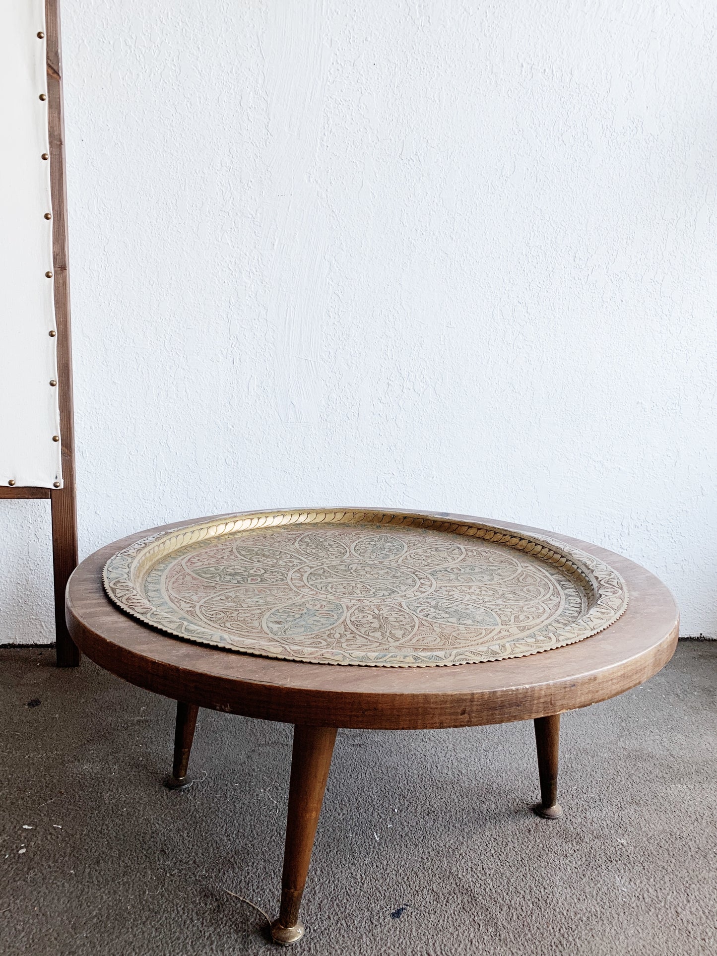 Vintage Handmade Table With Incised Brass Tray