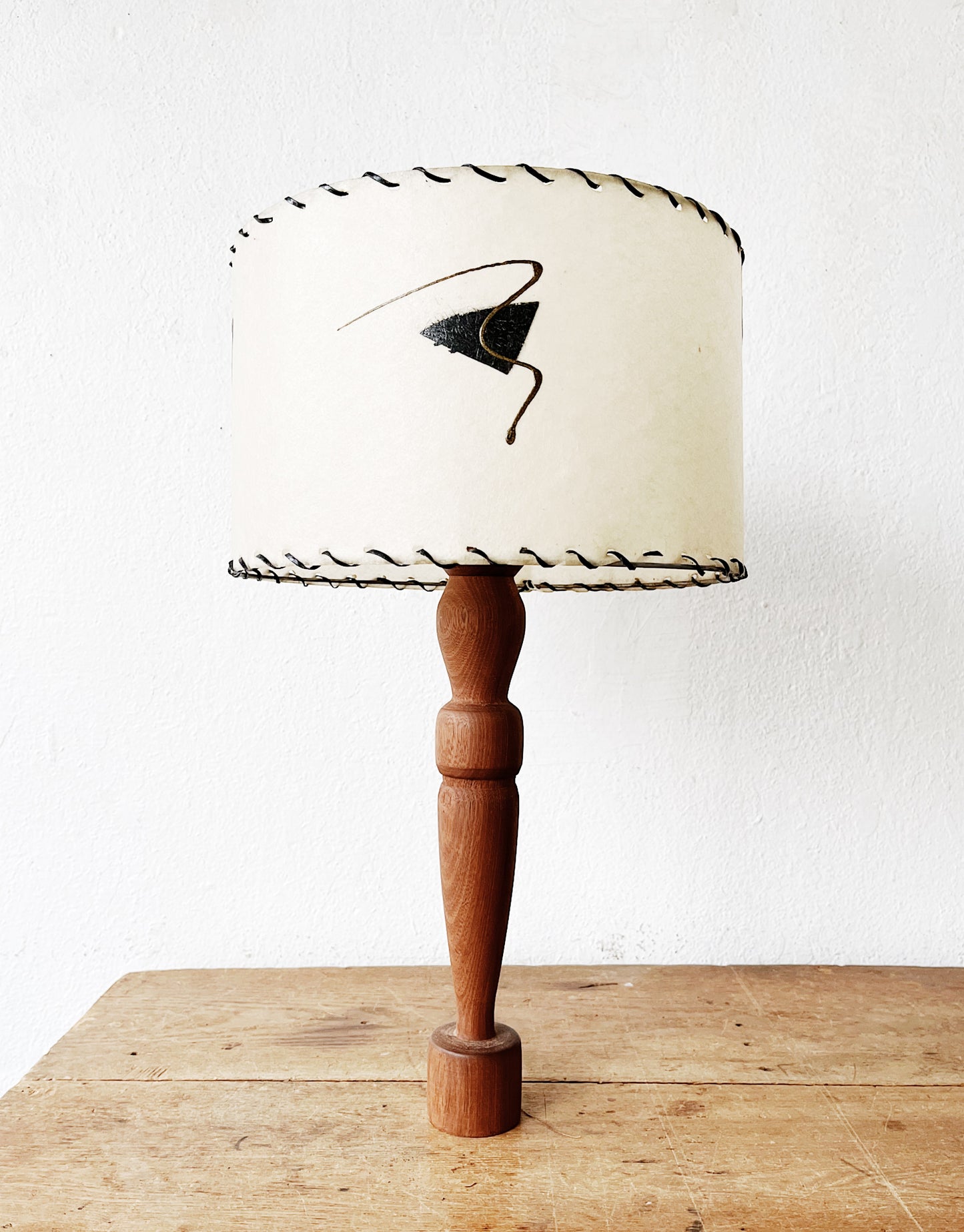 Turned Wood Lamp with Mid Century Shade