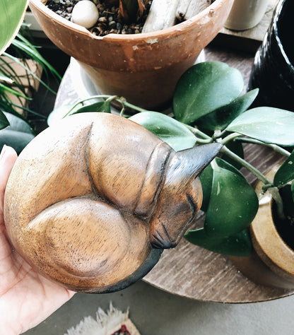 Vintage Carved Wood Sleeping Kitty