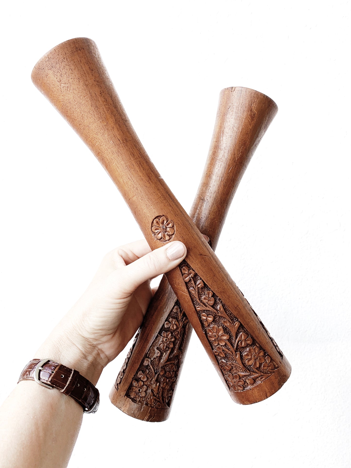 Mid Century Carved Wood Candle Holders