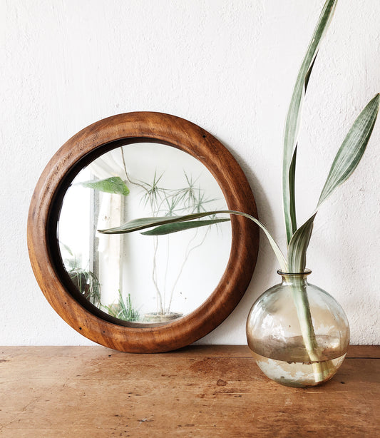Vintage Wood Framed Round Mirror