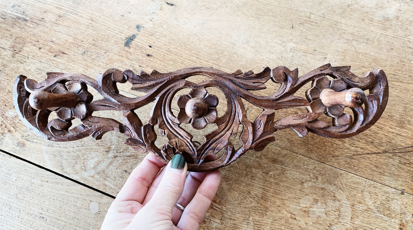 Vintage Carved Wood Peg Rack