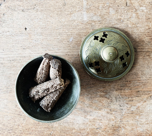 Vintage Incised Brass Incense Holder with Incense