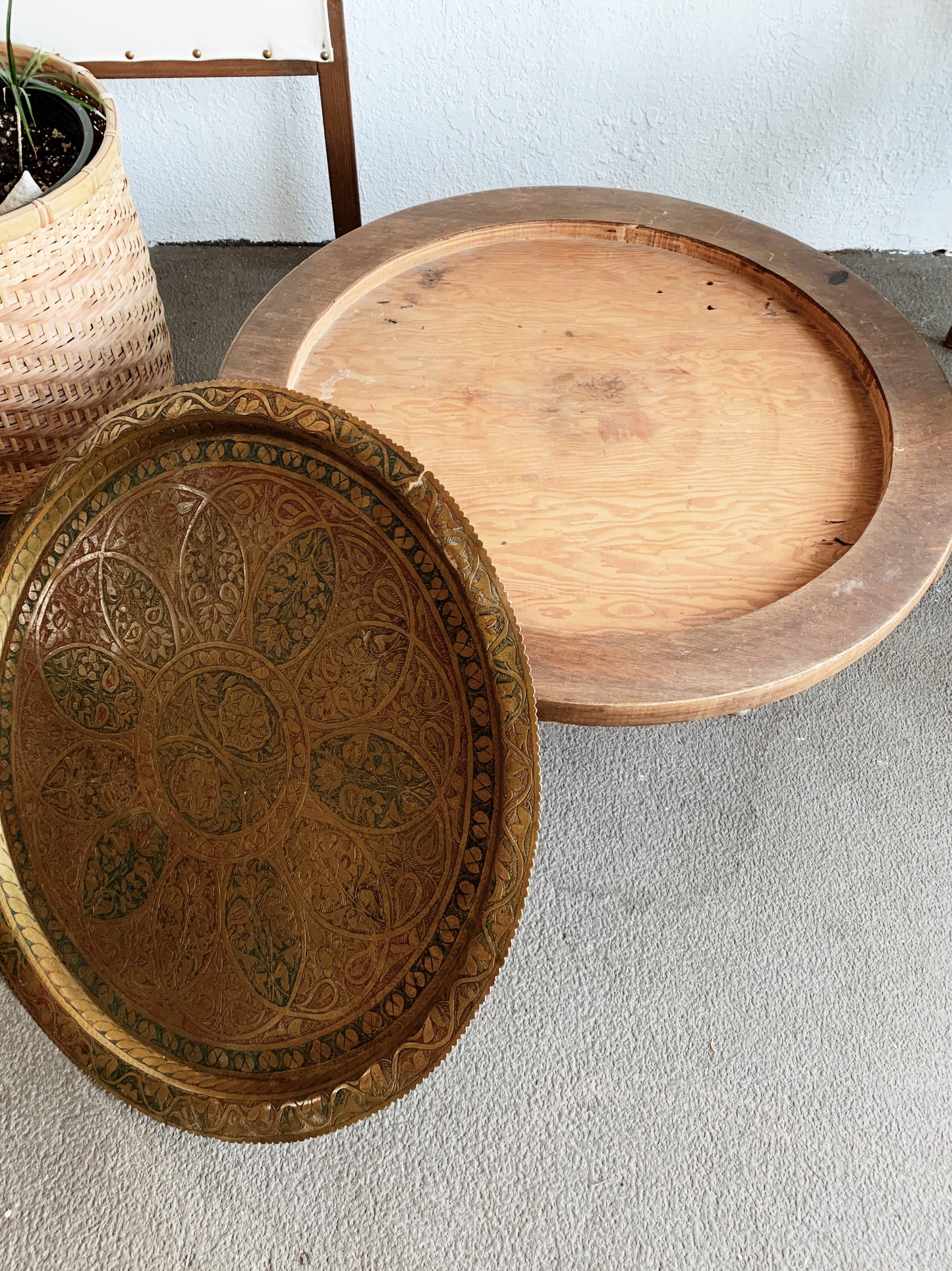Vintage Handmade Table With Incised Brass Tray