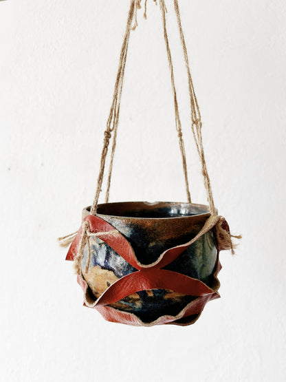Handmade Leather Hanger with Vintage Stoneware Pot