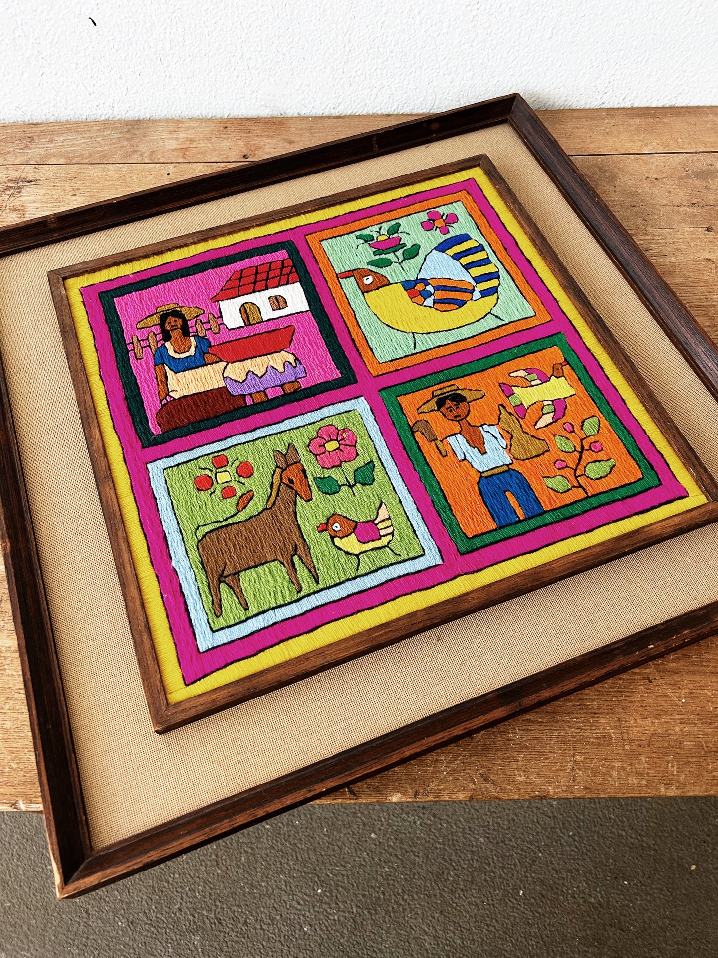 Vintage Framed Folk Art Needlepoint