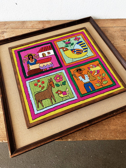Vintage Framed Folk Art Needlepoint