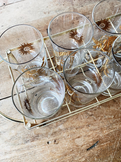 Mid century Georges Briard Set of Eight Gold Foil High Ball Glasses with Holder