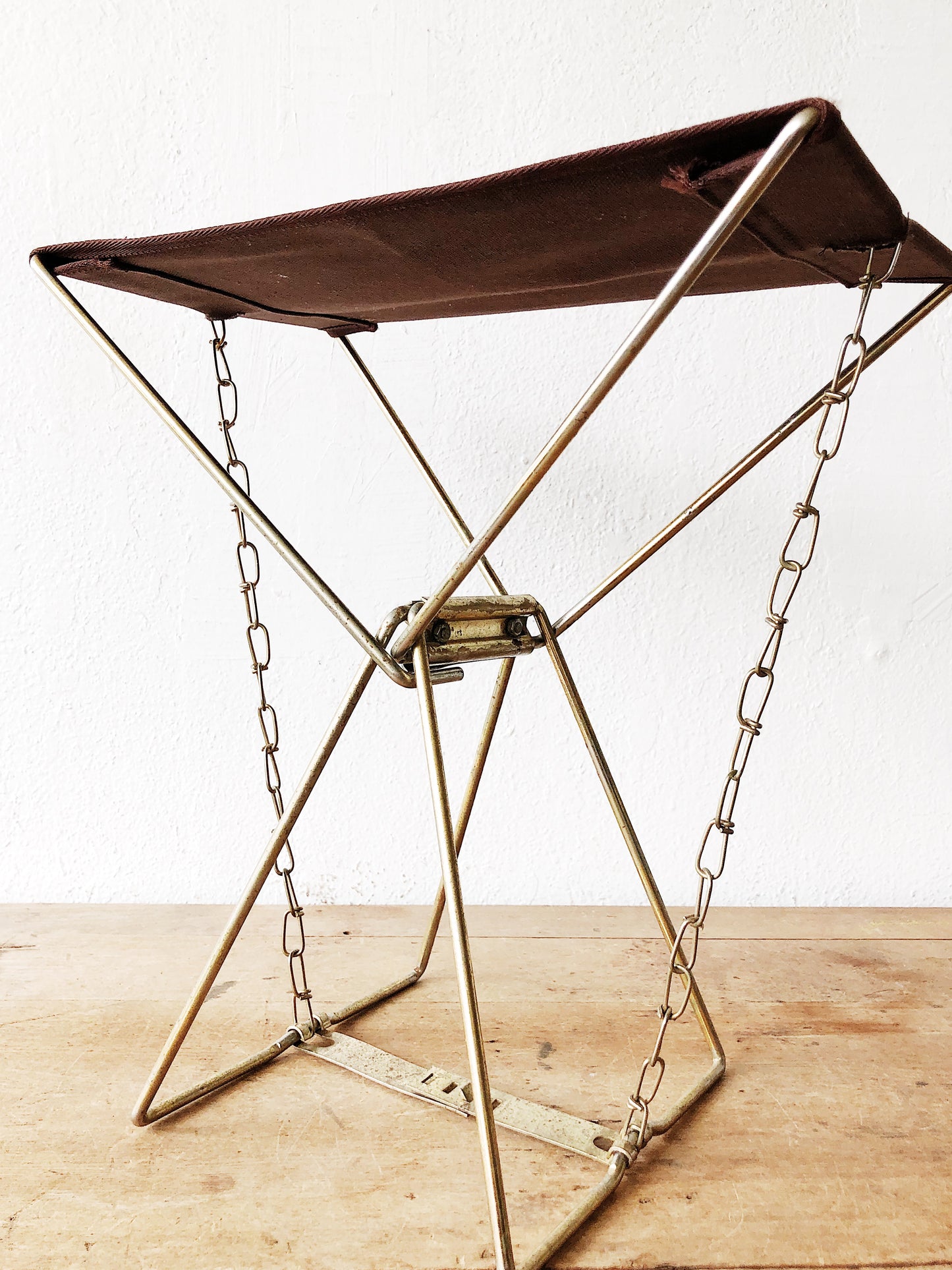 Vintage Brass and Canvas Folding Camp Stool