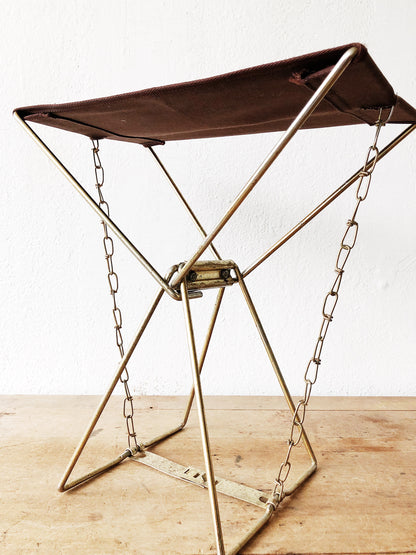 Vintage Brass and Canvas Folding Camp Stool